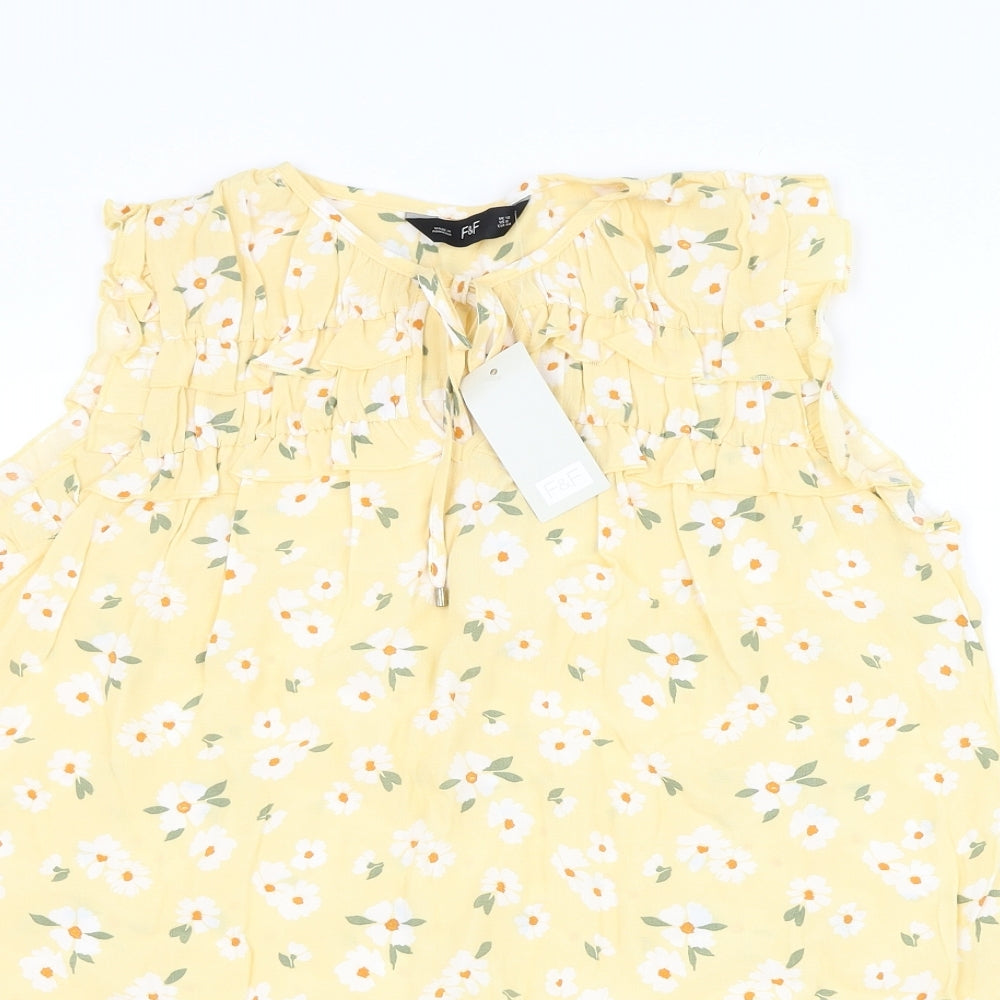 F&F Womens Yellow Floral Viscose Basic Blouse Size 12 Round Neck
