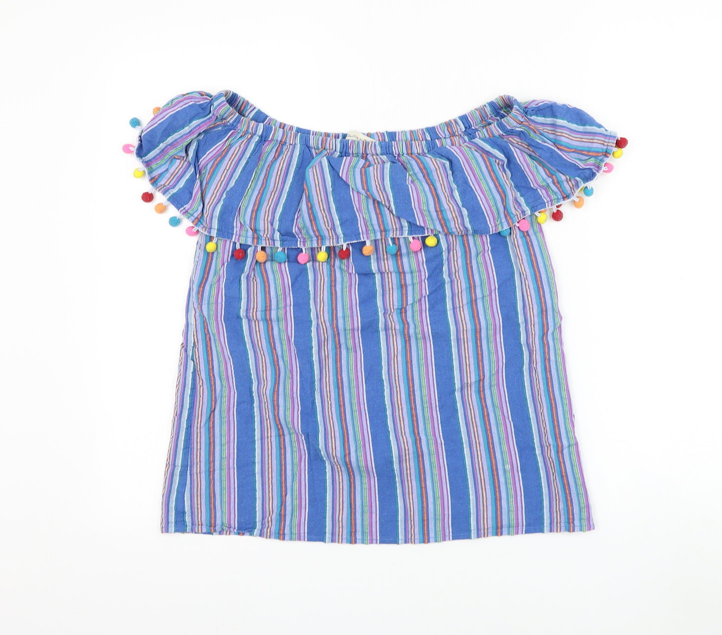 F&F Womens Blue Striped Cotton Basic Blouse Size 12 Off the Shoulder