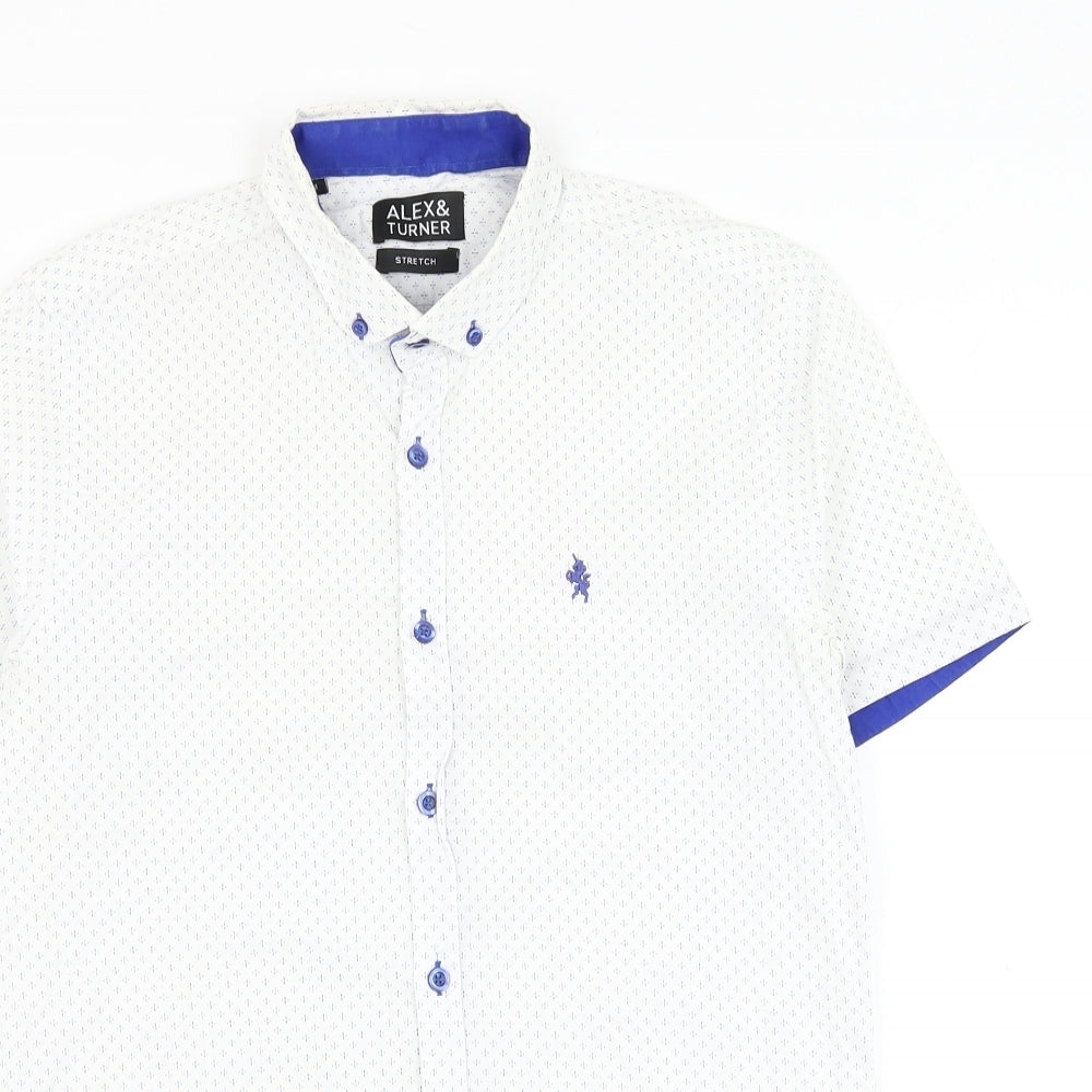 Alex & Turner Mens White Geometric Cotton Dress Shirt Size M Collared Button