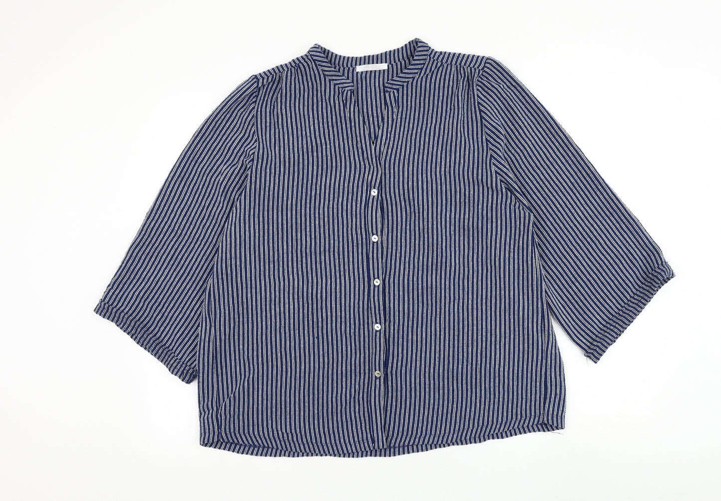 Zara Womens Blue Striped Polyester Basic Button-Up Size M V-Neck