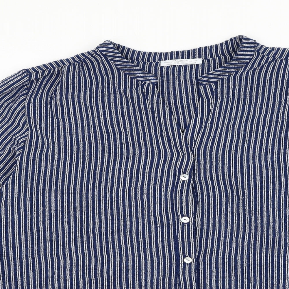 Zara Womens Blue Striped Polyester Basic Button-Up Size M V-Neck