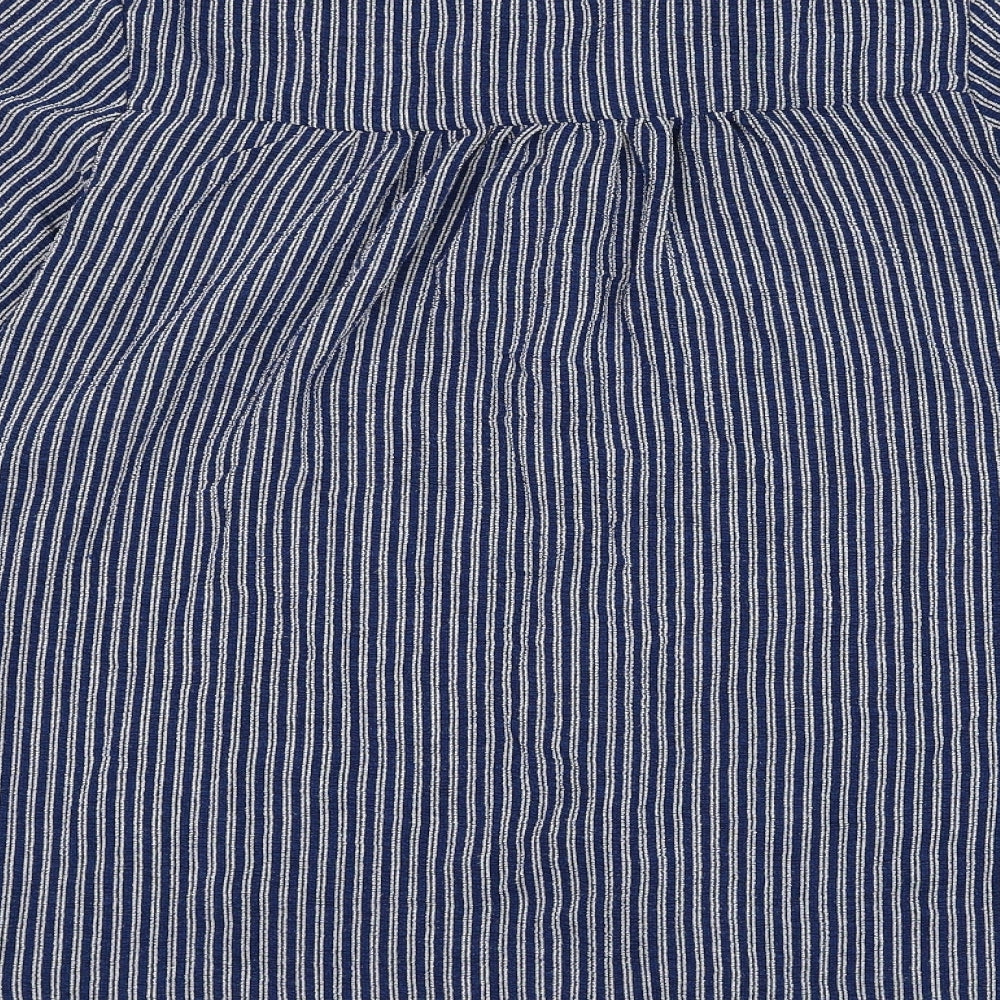 Zara Womens Blue Striped Polyester Basic Button-Up Size M V-Neck