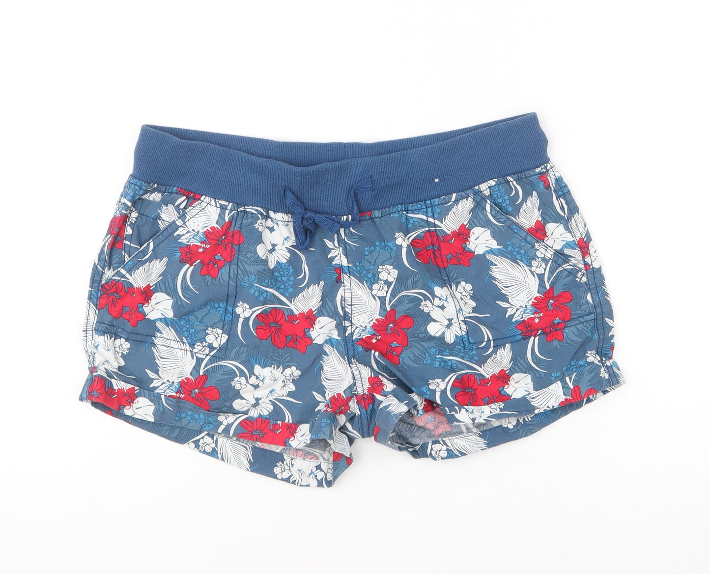 Denim & Co. Womens Blue Floral Cotton Hot Pants Shorts Size 10 L5 in Regular Drawstring
