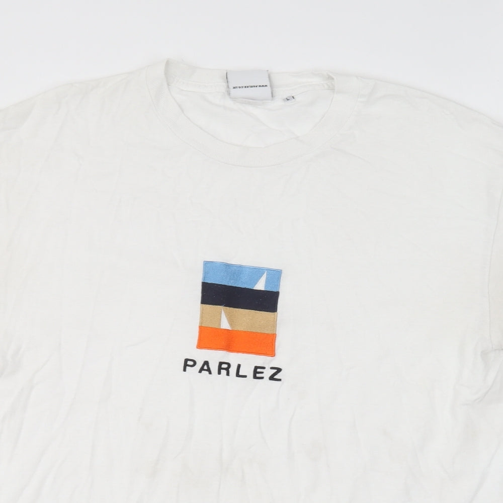 Parlez Mens White Cotton T-Shirt Size L Round Neck
