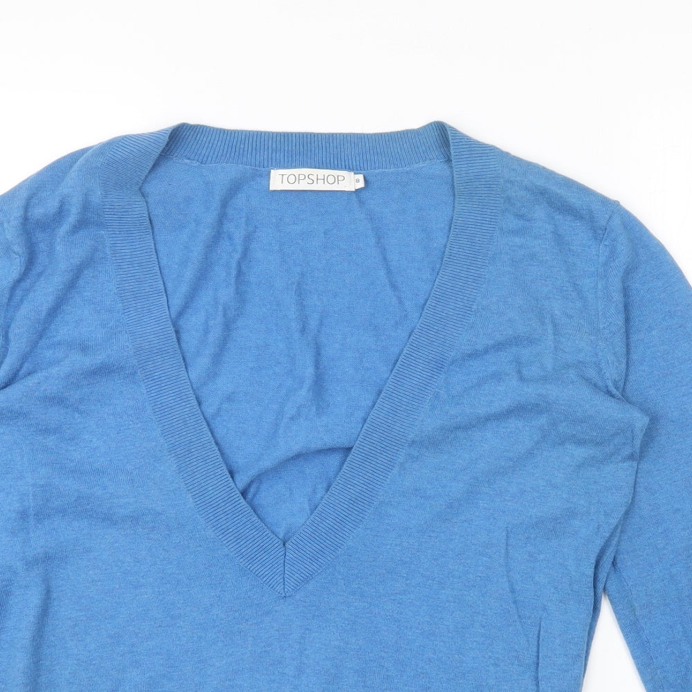 Topshop Womens Blue V-Neck Cotton Pullover Jumper Size 8
