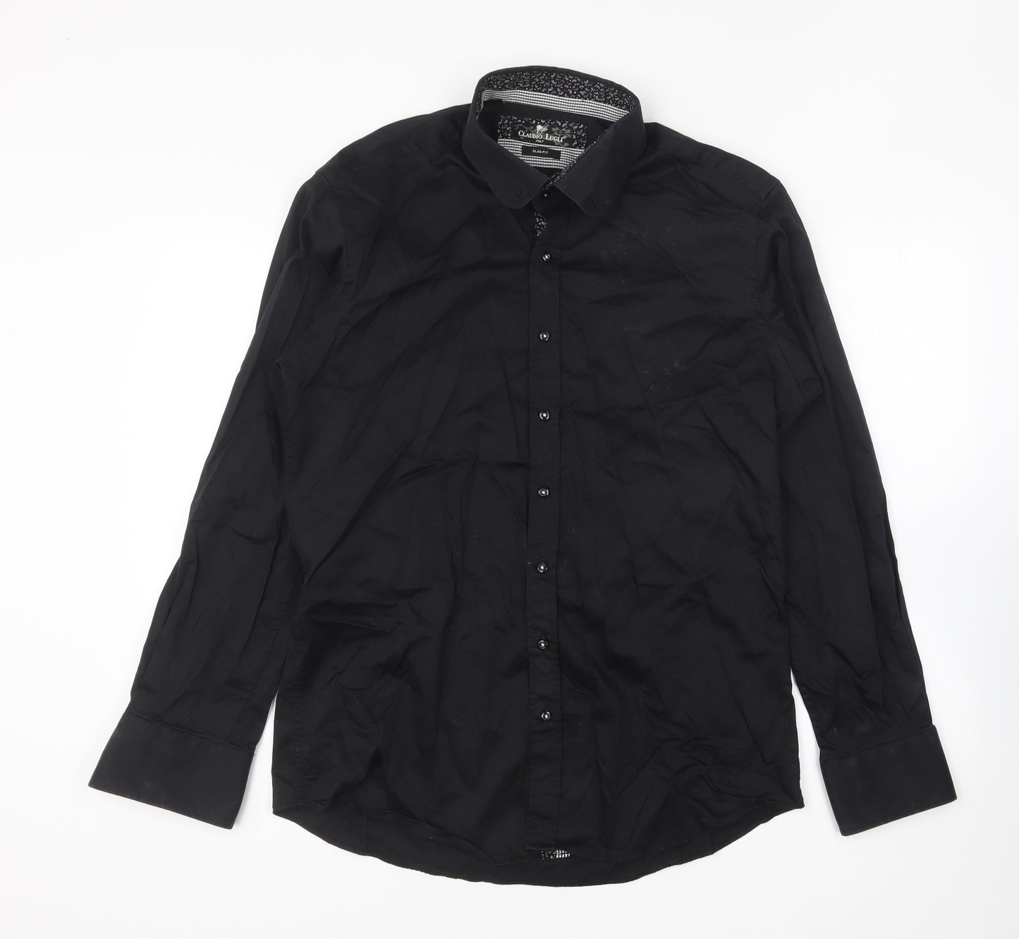 Claudio Lugli Mens Black Cotton Button-Up Size XL Collared Button