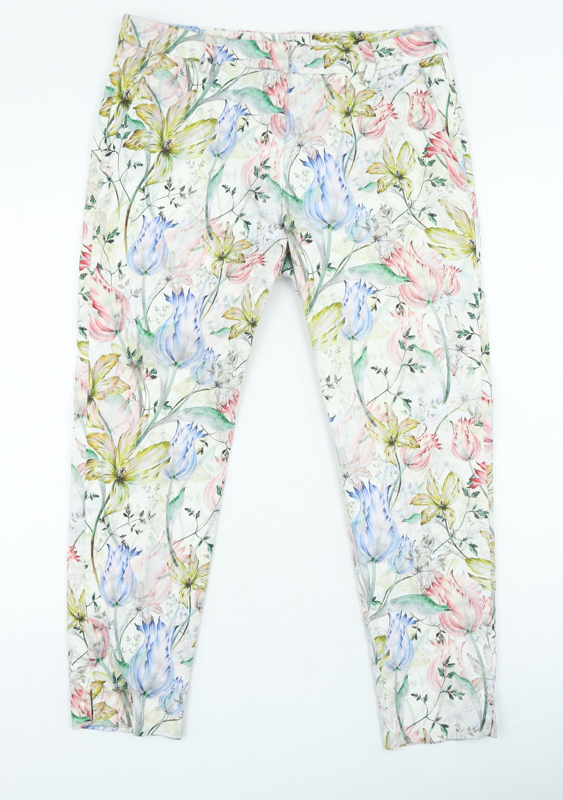 H&M Womens Multicoloured Floral Cotton Trousers Size 14 L25 in Regular Zip