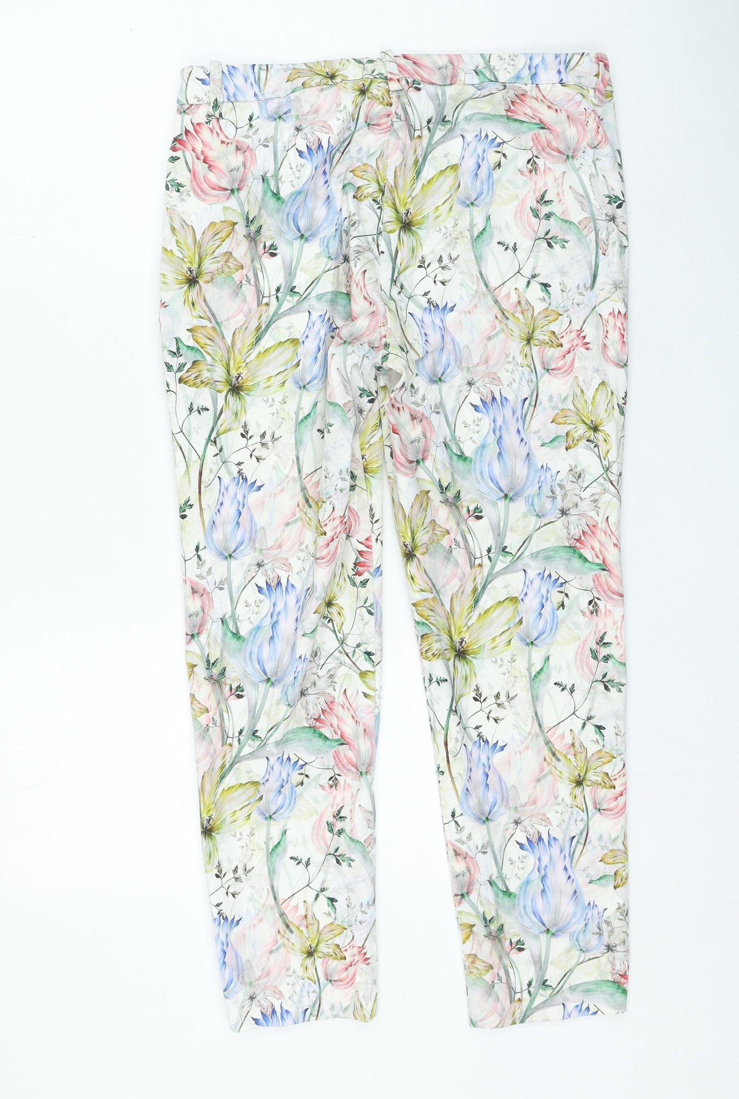 H&M Womens Multicoloured Floral Cotton Trousers Size 14 L25 in Regular Zip