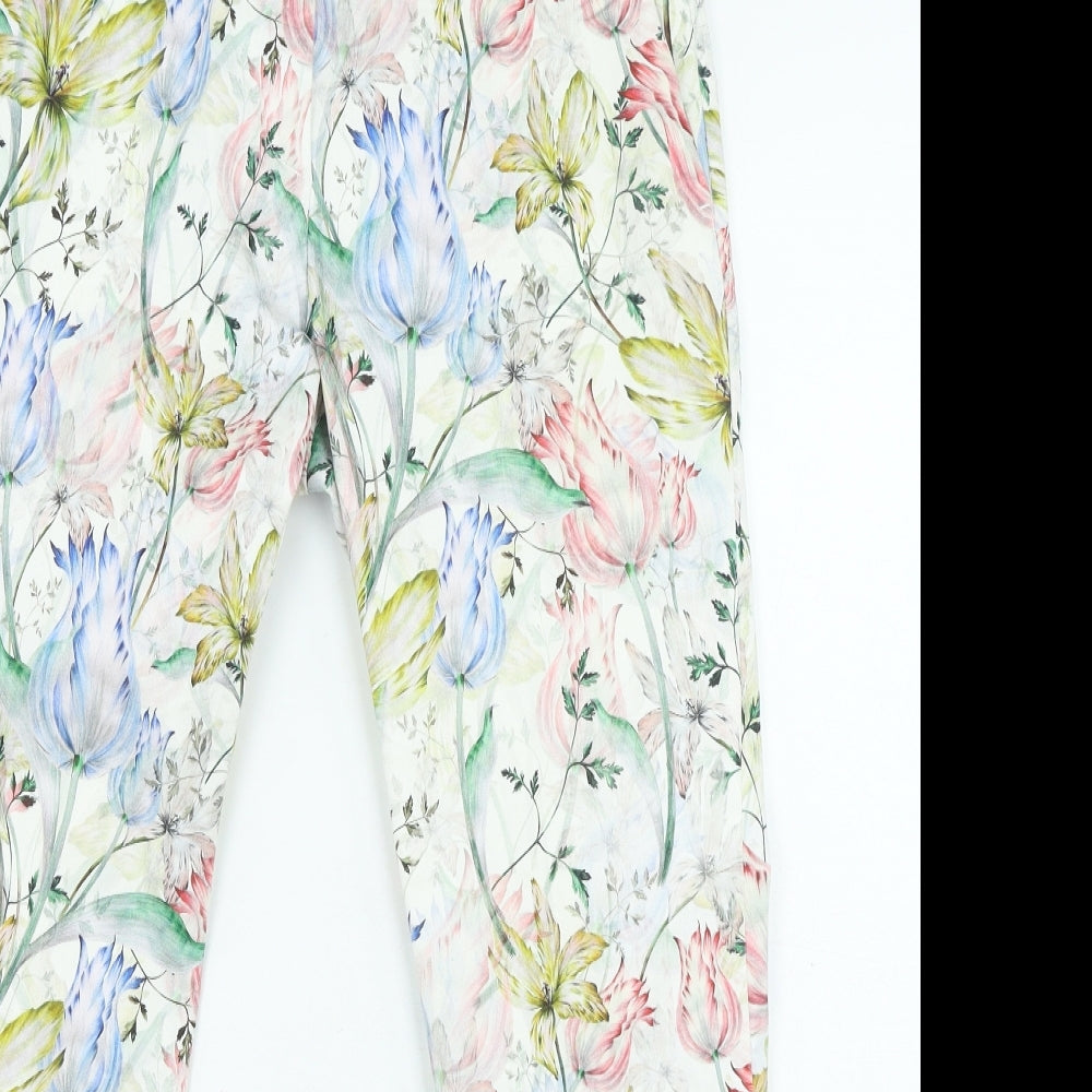 H&M Womens Multicoloured Floral Cotton Trousers Size 14 L25 in Regular Zip