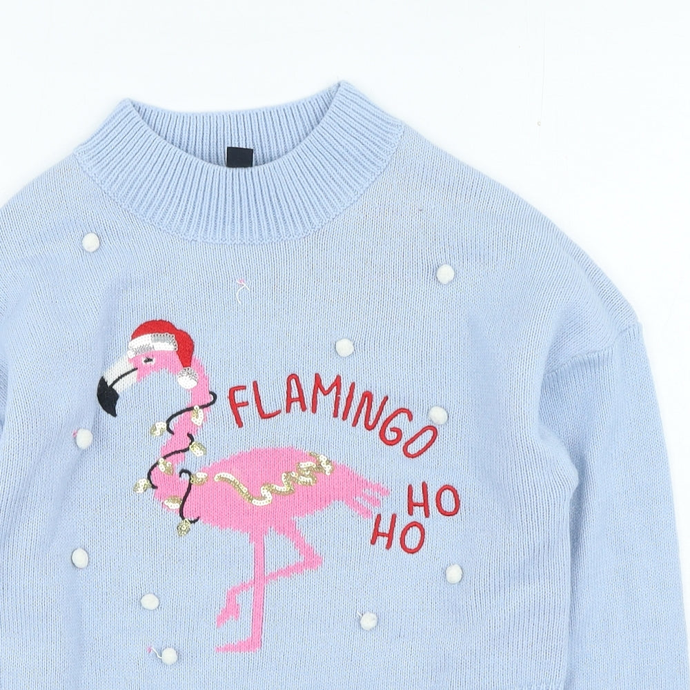 New Look Girls Blue Round Neck Acrylic Pullover Jumper Size 12-13 Years Pullover - Flamingo