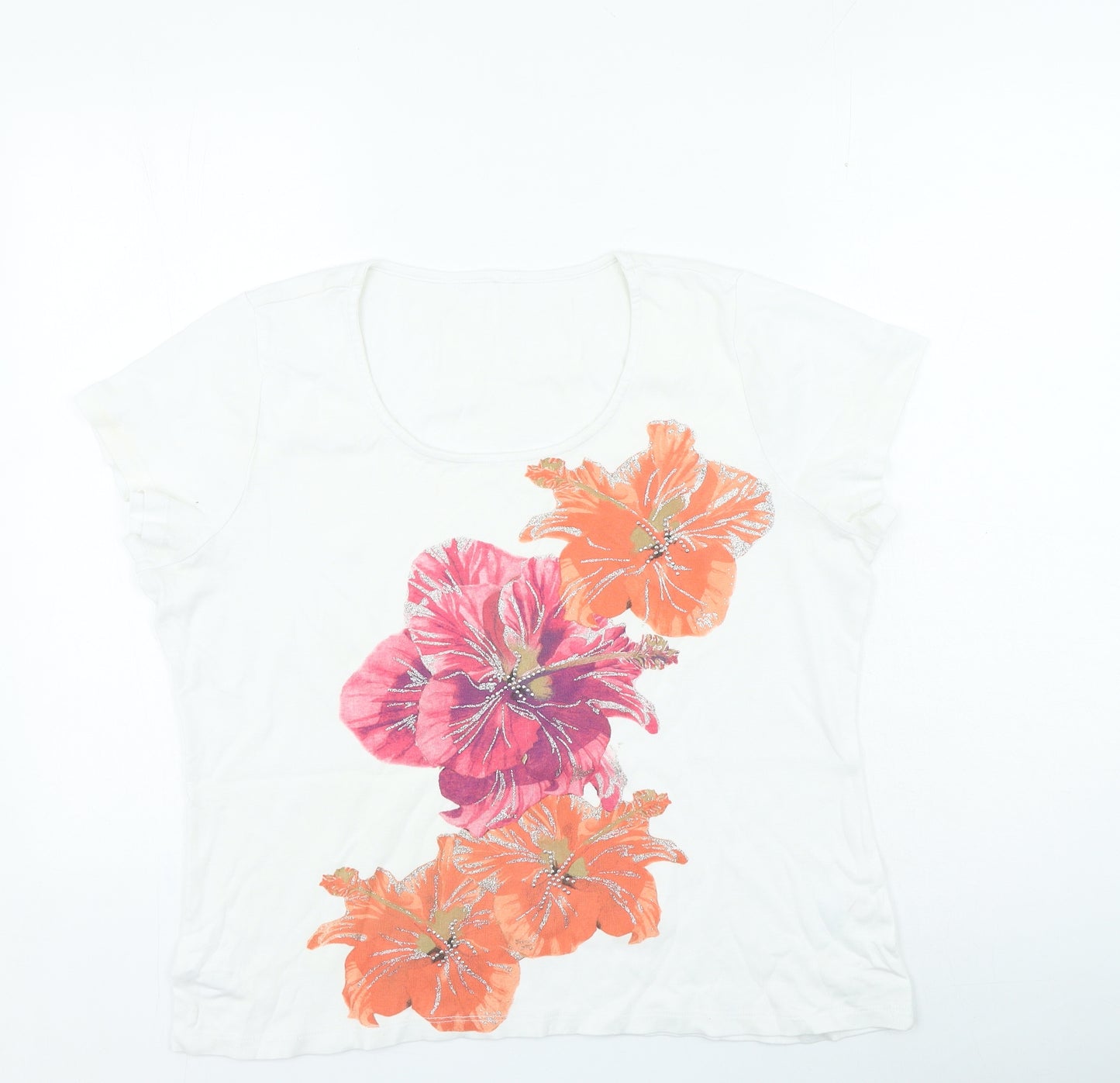 Preworn Womens White Floral Cotton Basic T-Shirt Size 18 Round Neck