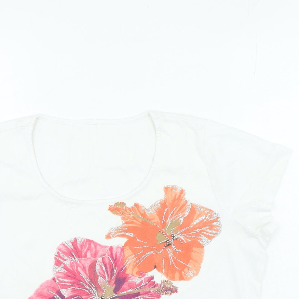 Preworn Womens White Floral Cotton Basic T-Shirt Size 18 Round Neck