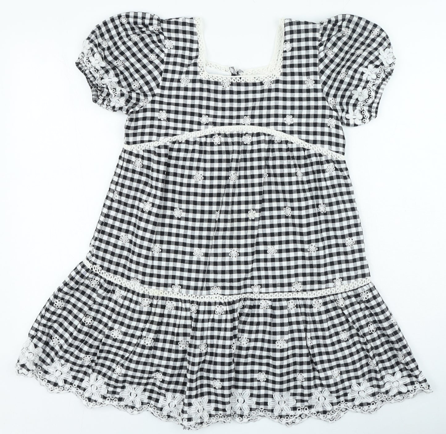 River Island Girls Black Plaid Cotton Fit & Flare Size 11-12 Years Square Neck Button