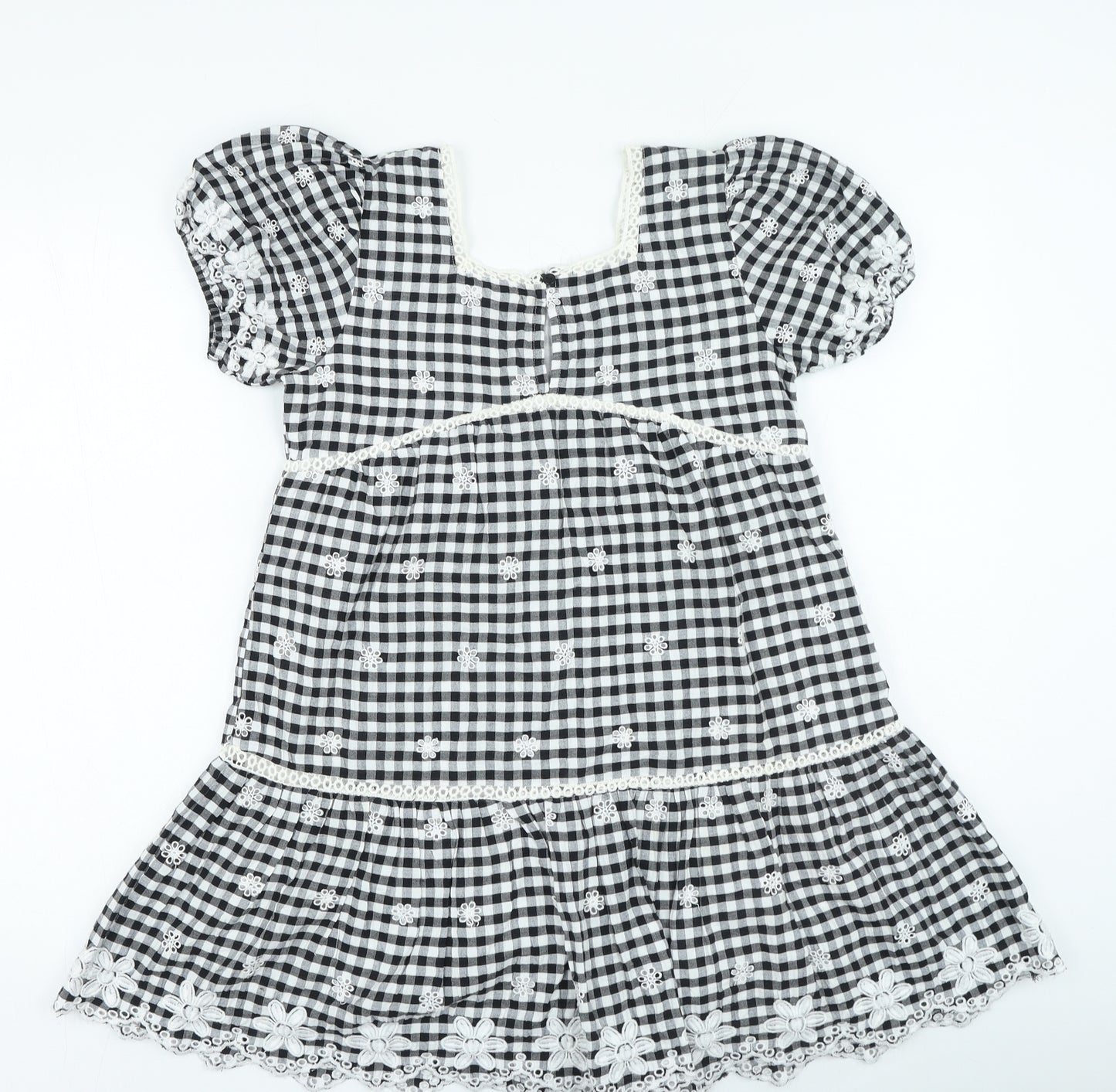 River Island Girls Black Plaid Cotton Fit & Flare Size 11-12 Years Square Neck Button