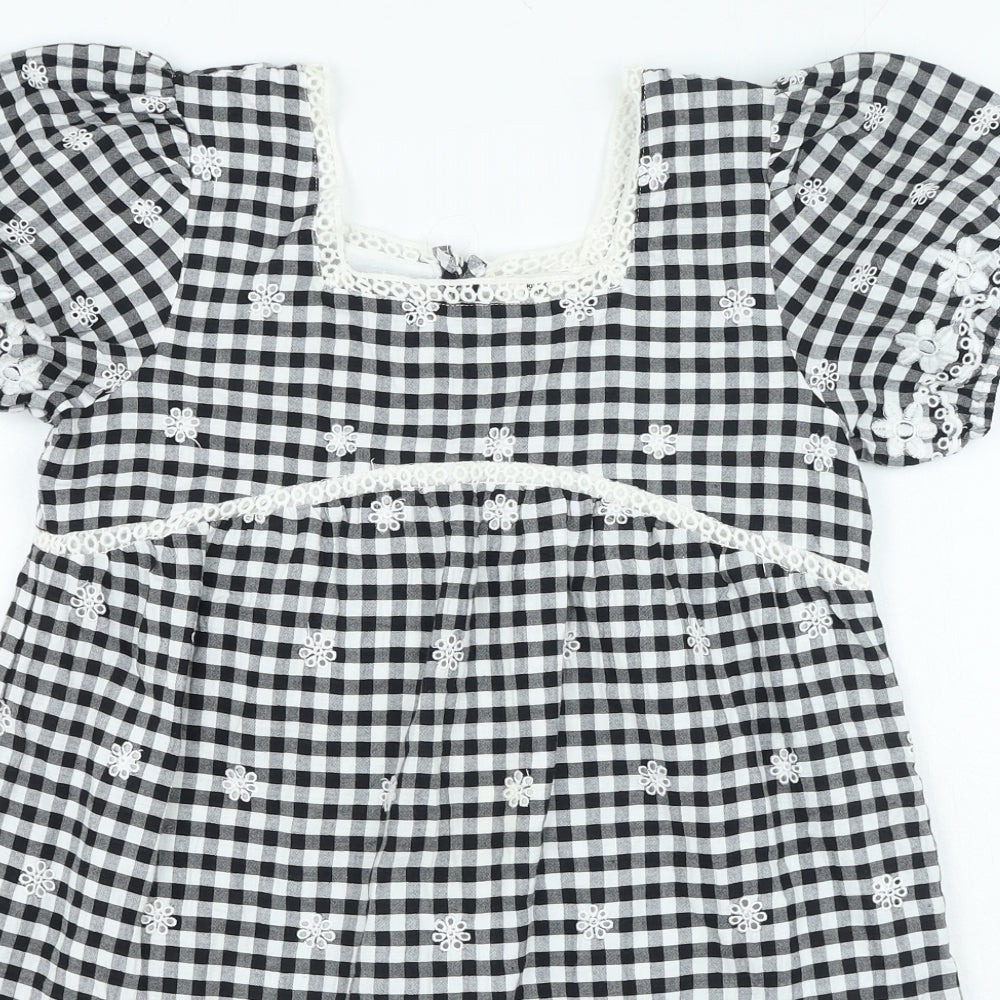 River Island Girls Black Plaid Cotton Fit & Flare Size 11-12 Years Square Neck Button