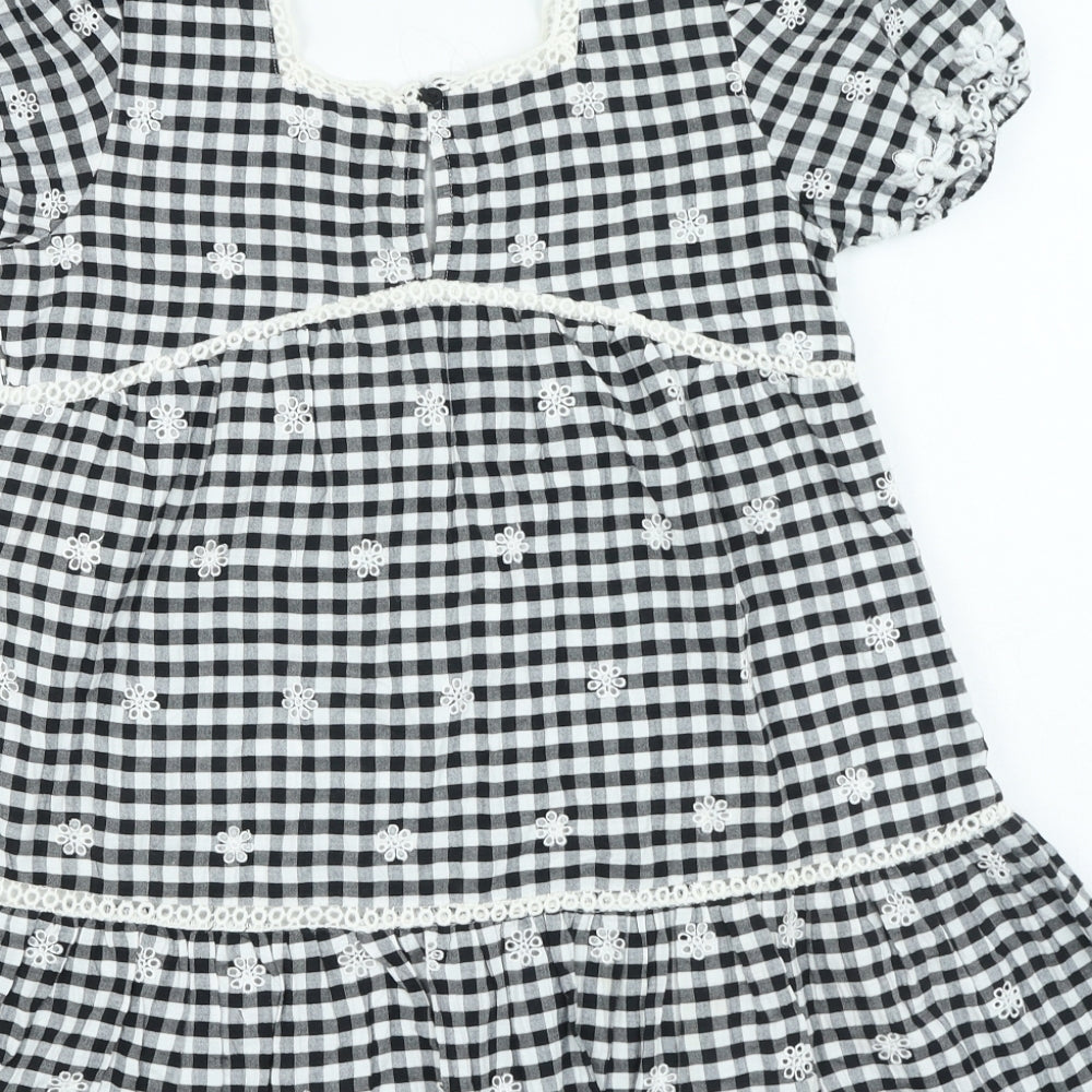 River Island Girls Black Plaid Cotton Fit & Flare Size 11-12 Years Square Neck Button