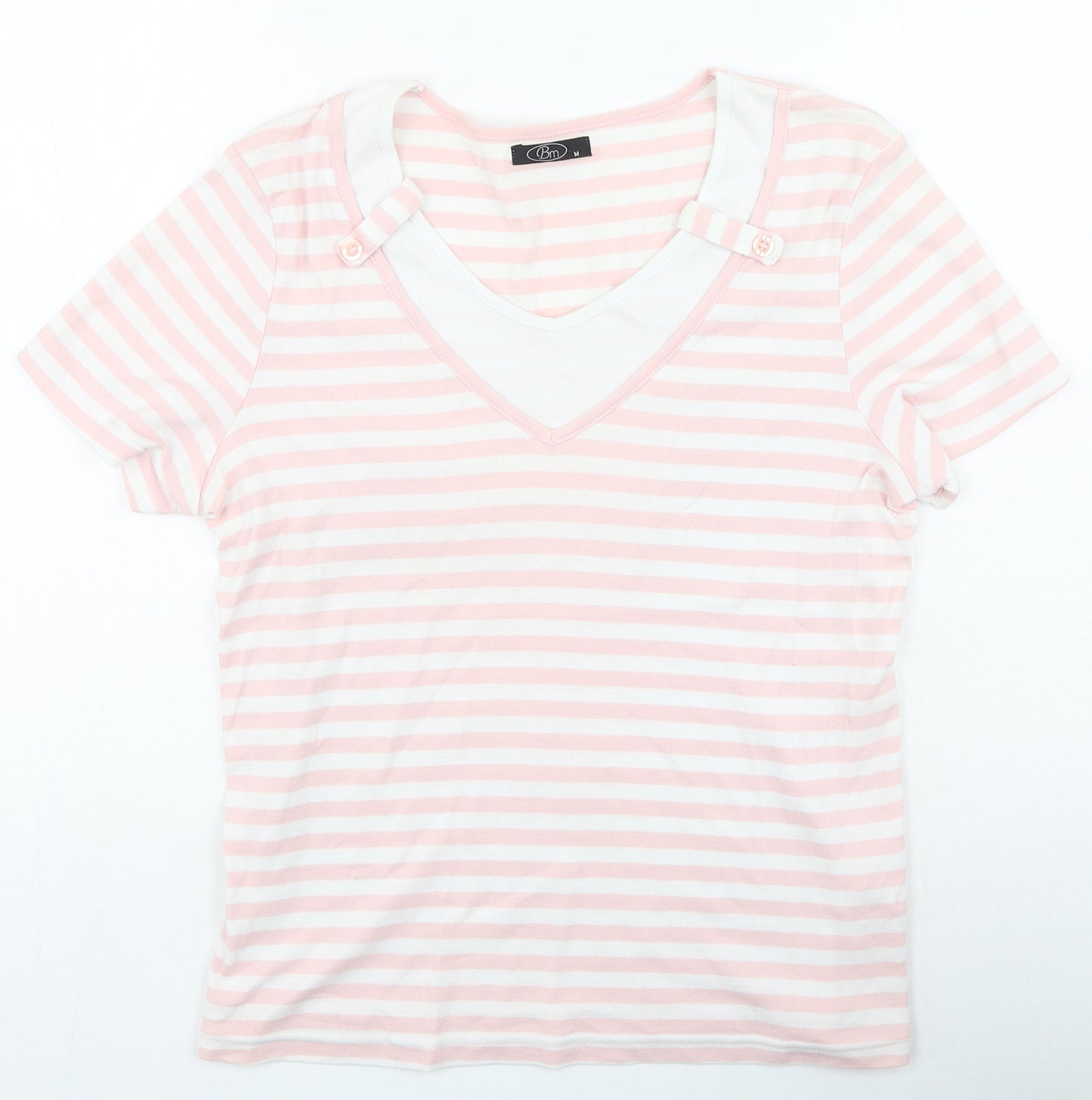 Bonmarché Womens Pink Striped Cotton Basic T-Shirt Size M Round Neck