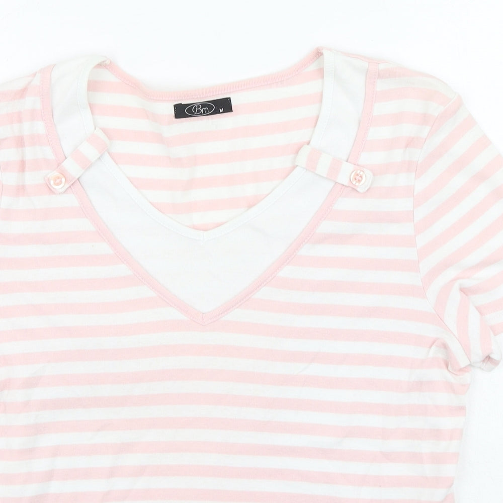 Bonmarché Womens Pink Striped Cotton Basic T-Shirt Size M Round Neck