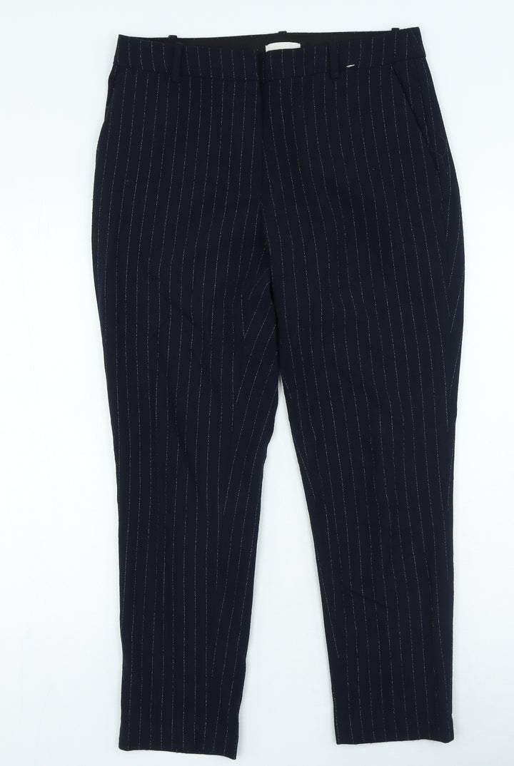 H&M Womens Blue Striped Polyester Trousers Size 10 L26 in Regular Zip