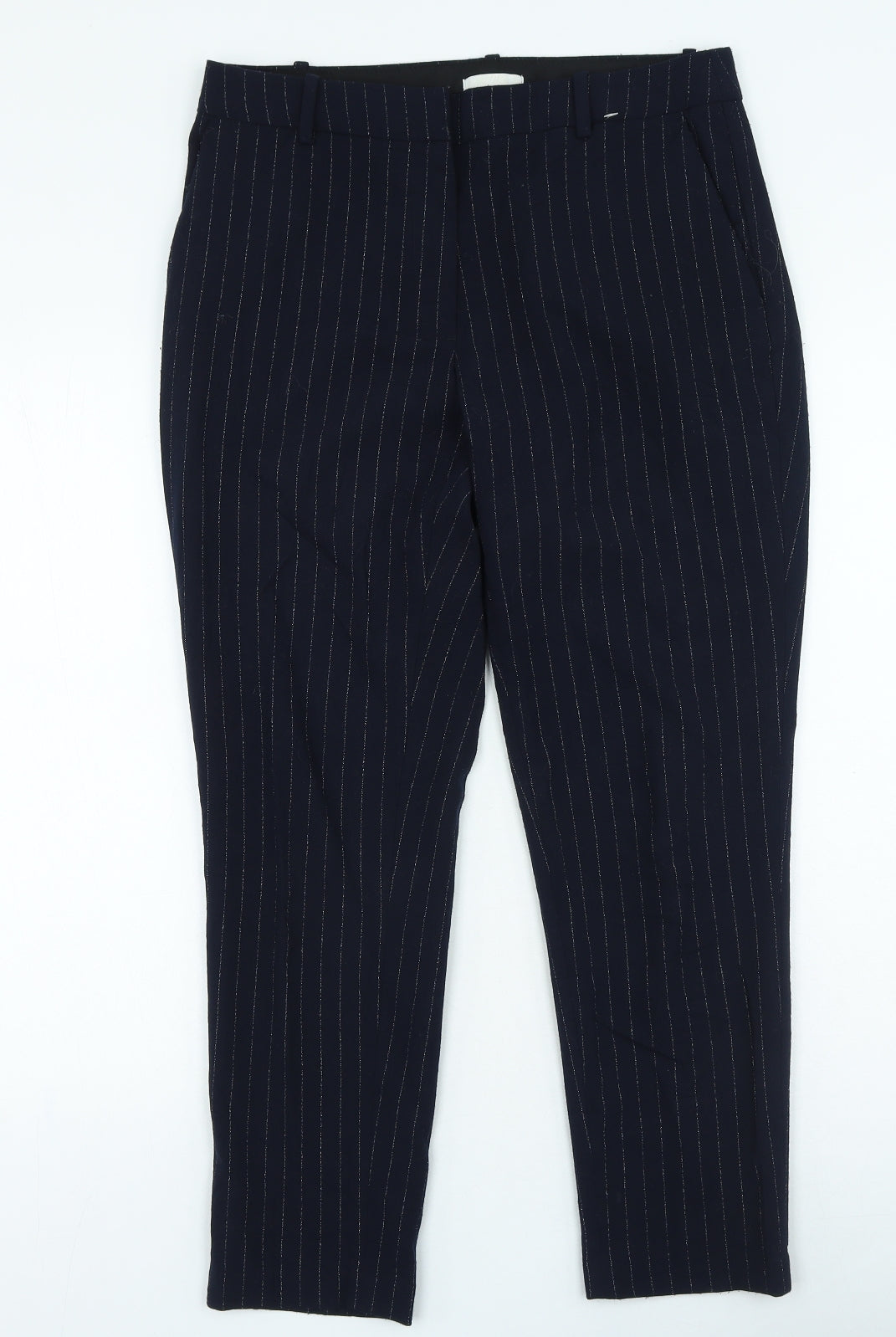 H&M Womens Blue Striped Polyester Trousers Size 10 L26 in Regular Zip