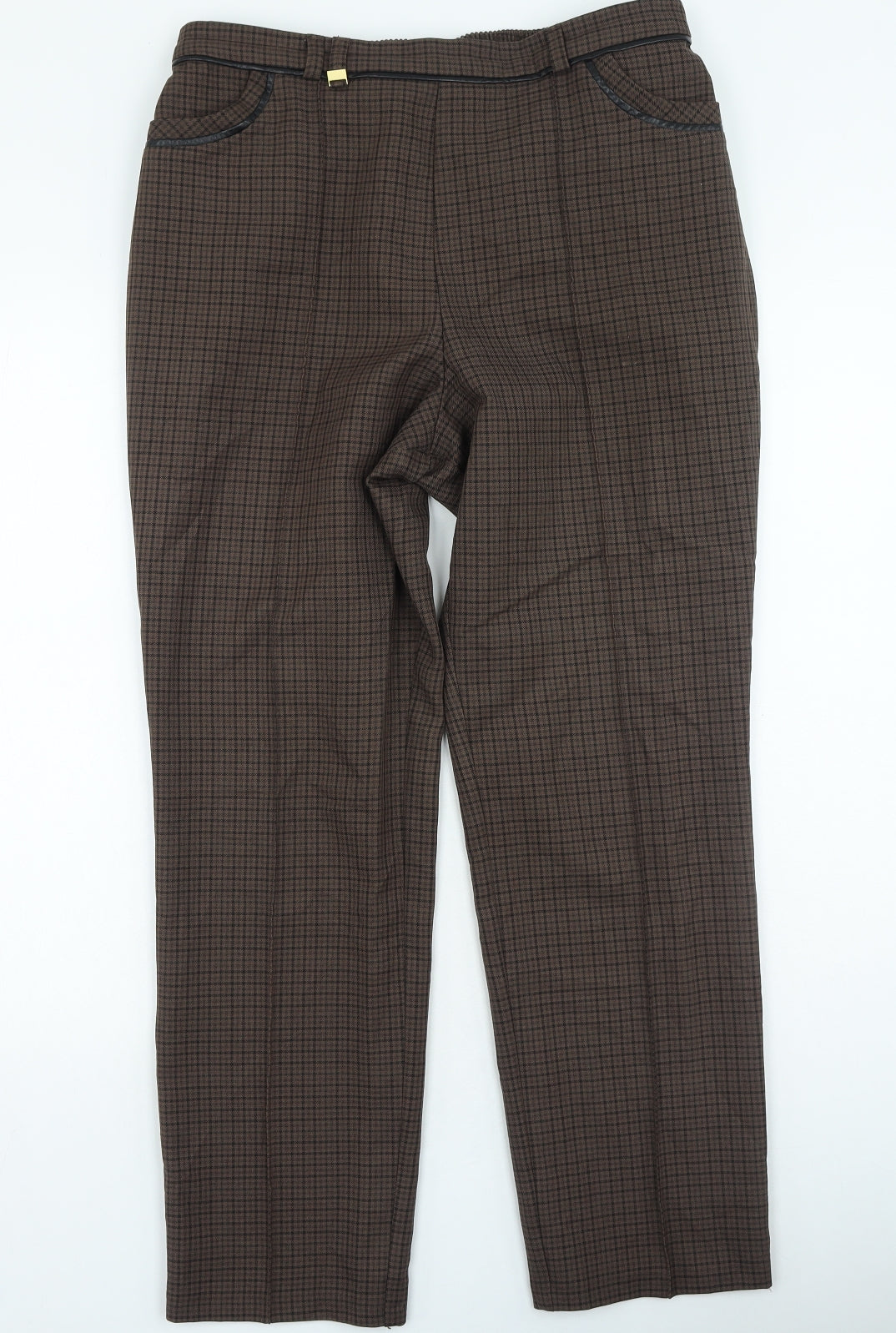 Marks and Spencer Womens Brown Plaid Polyester Trousers Size 14 L25 in Regular