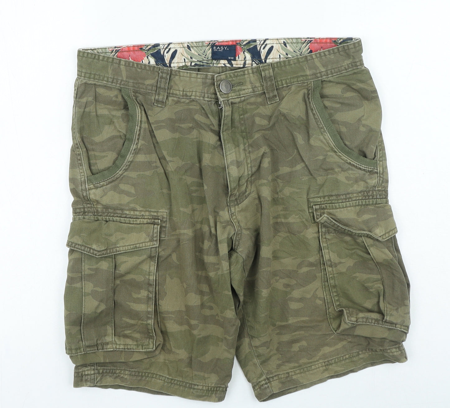 Easy Mens Brown Camouflage Cotton Cargo Shorts Size 32 in L6 in Regular Zip