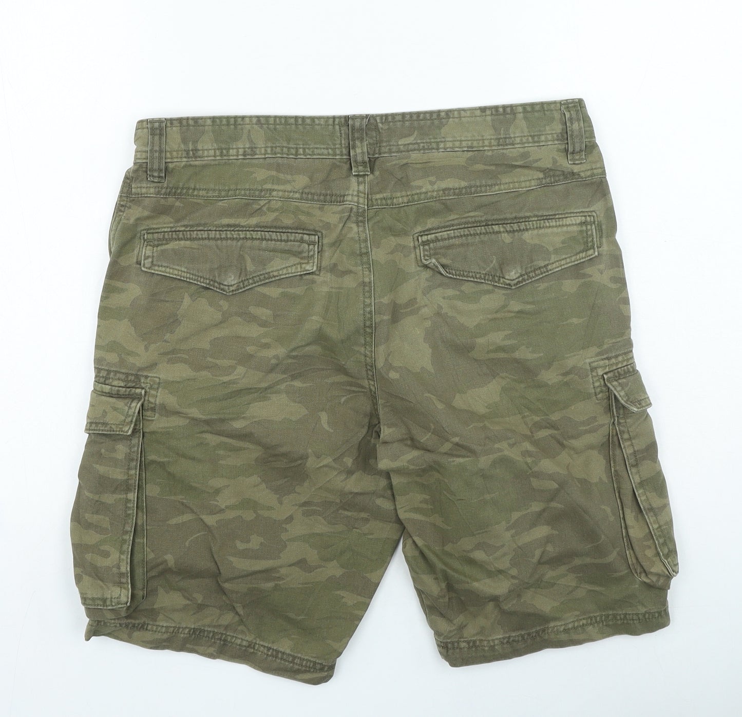 Easy Mens Brown Camouflage Cotton Cargo Shorts Size 32 in L6 in Regular Zip