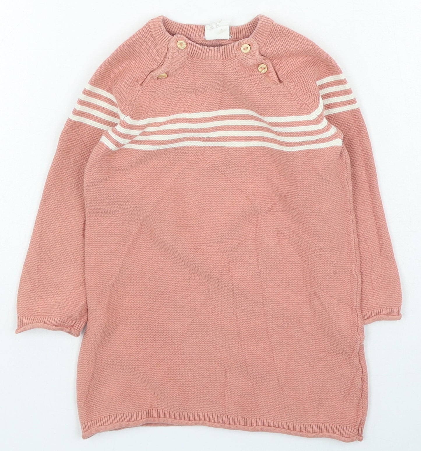 H&M Girls Pink Striped Cotton Jumper Dress Size 12-18 Months Round Neck Button