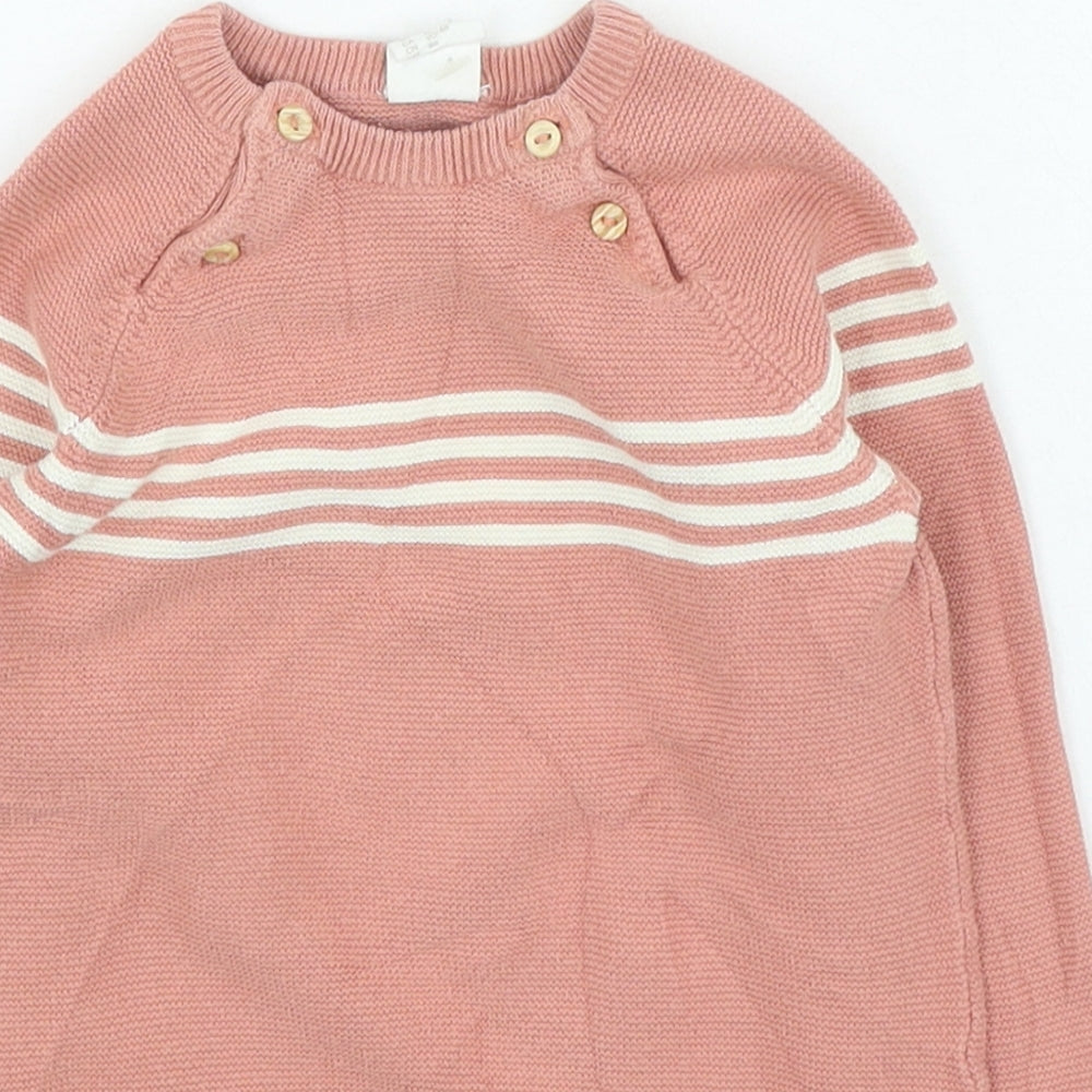 H&M Girls Pink Striped Cotton Jumper Dress Size 12-18 Months Round Neck Button