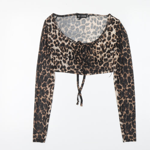 PRETTYLITTLETHING Womens Brown Animal Print Polyester Cropped Blouse Size 8 Round Neck