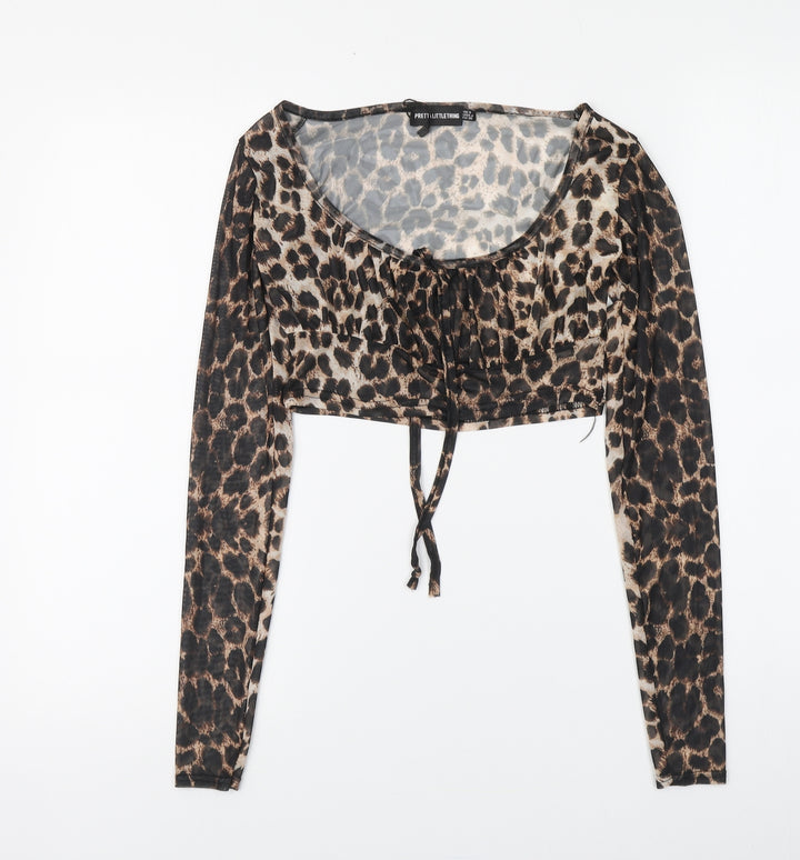 PRETTYLITTLETHING Womens Brown Animal Print Polyester Cropped Blouse Size 8 Round Neck