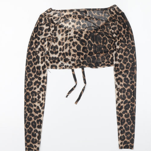 PRETTYLITTLETHING Womens Brown Animal Print Polyester Cropped Blouse Size 8 Round Neck