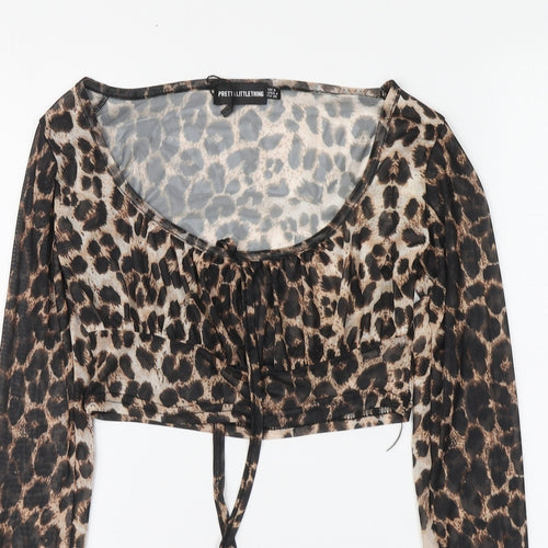 PRETTYLITTLETHING Womens Brown Animal Print Polyester Cropped Blouse Size 8 Round Neck