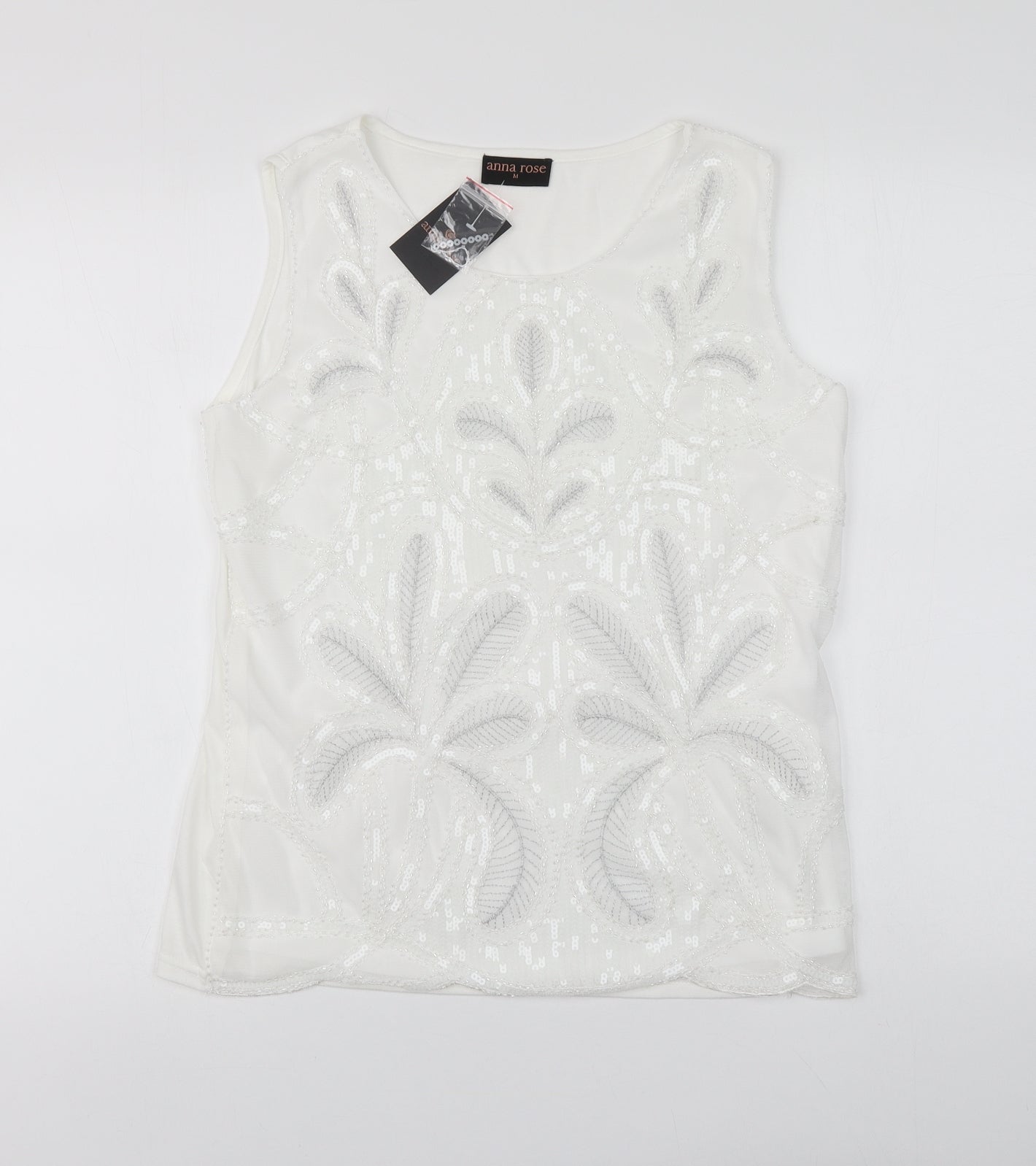 Anna Rose Womens White Geometric Polyester Basic Tank Size M Round Neck