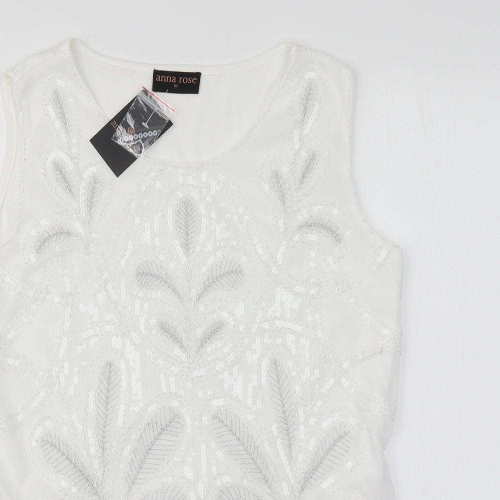 Anna Rose Womens White Geometric Polyester Basic Tank Size M Round Neck