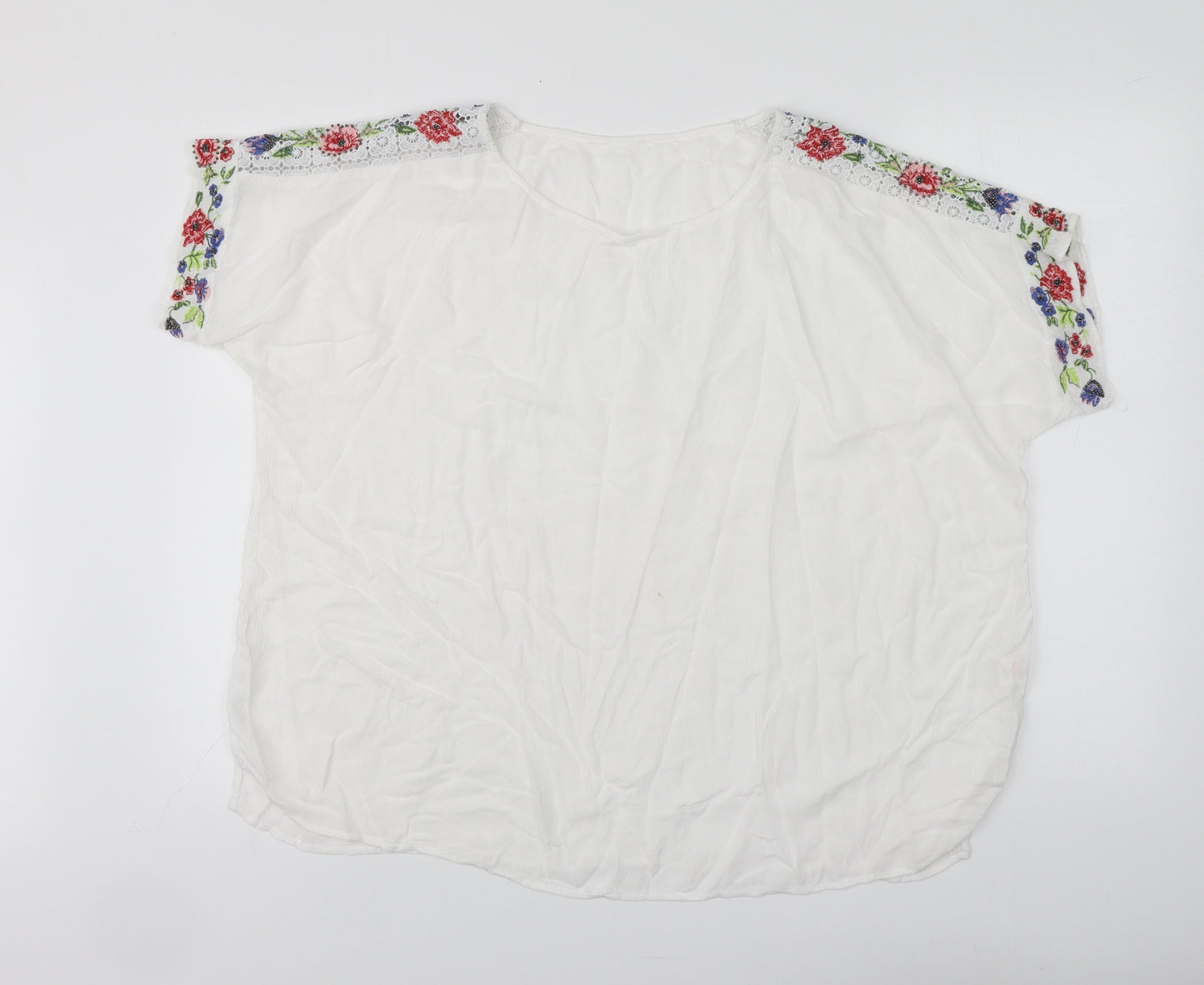 F&F Womens White Floral Polyester Basic Blouse Size 12 Round Neck