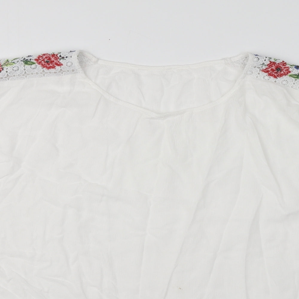 F&F Womens White Floral Polyester Basic Blouse Size 12 Round Neck