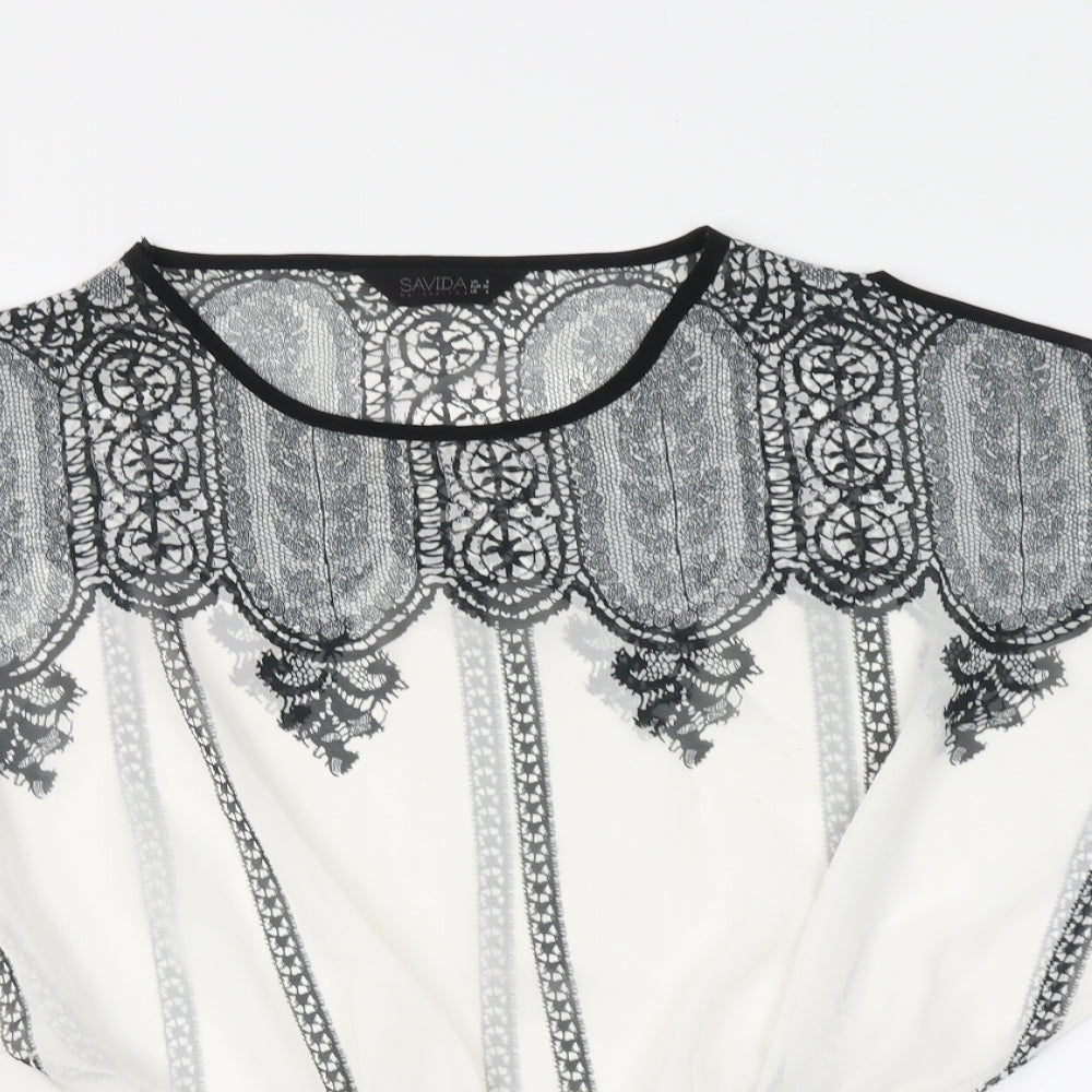 Savida Womens White Geometric Polyester Basic Blouse Size 8 Round Neck