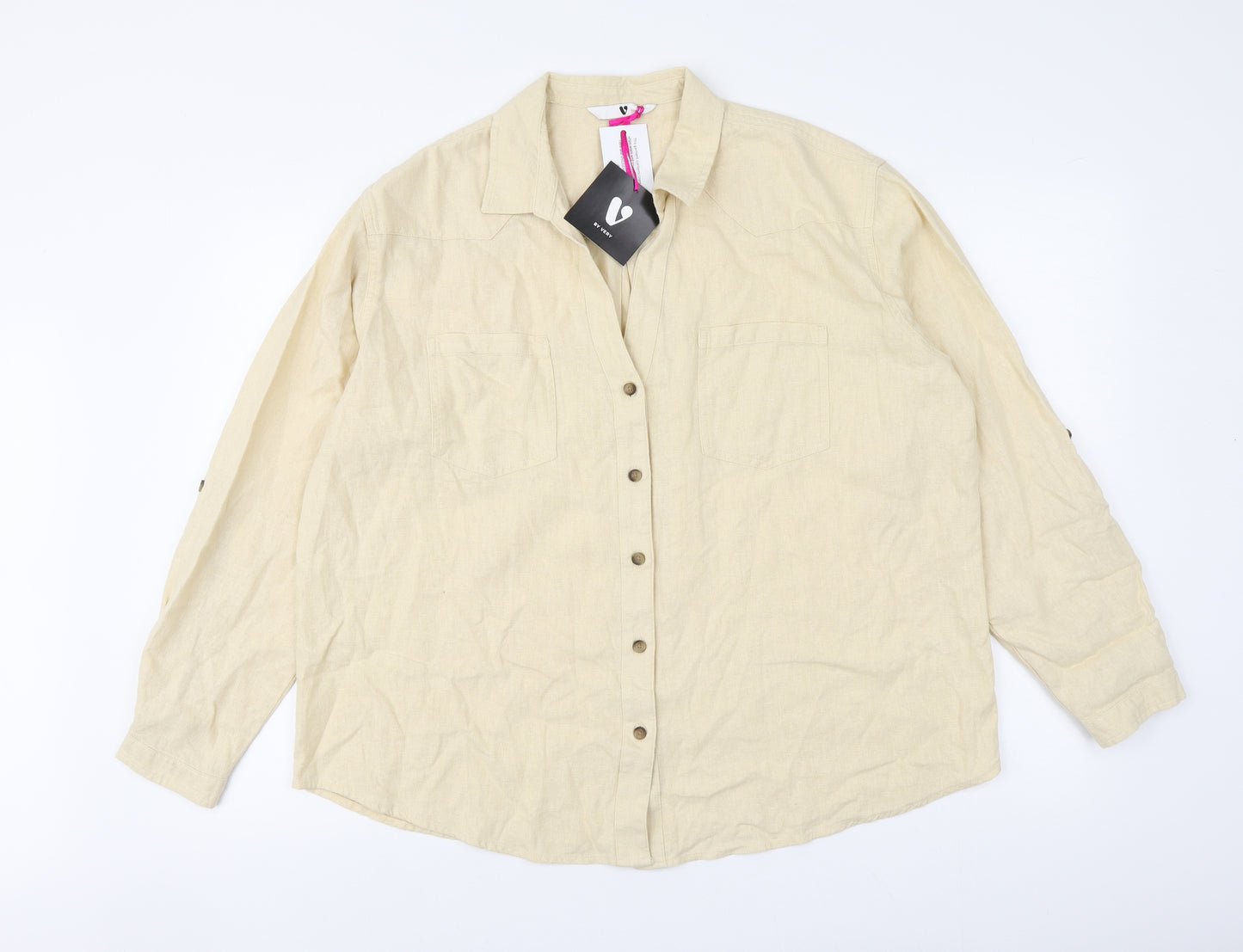 Very Womens Beige Linen Basic Button-Up Size 16 V-Neck