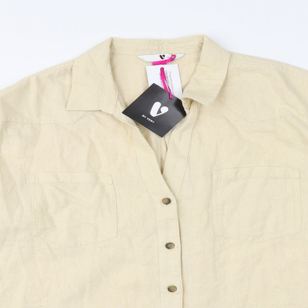Very Womens Beige Linen Basic Button-Up Size 16 V-Neck