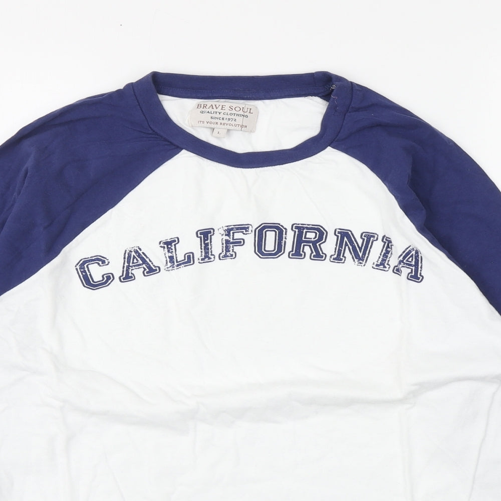 Brave Soul Womens White Cotton Basic T-Shirt Size L Round Neck - California