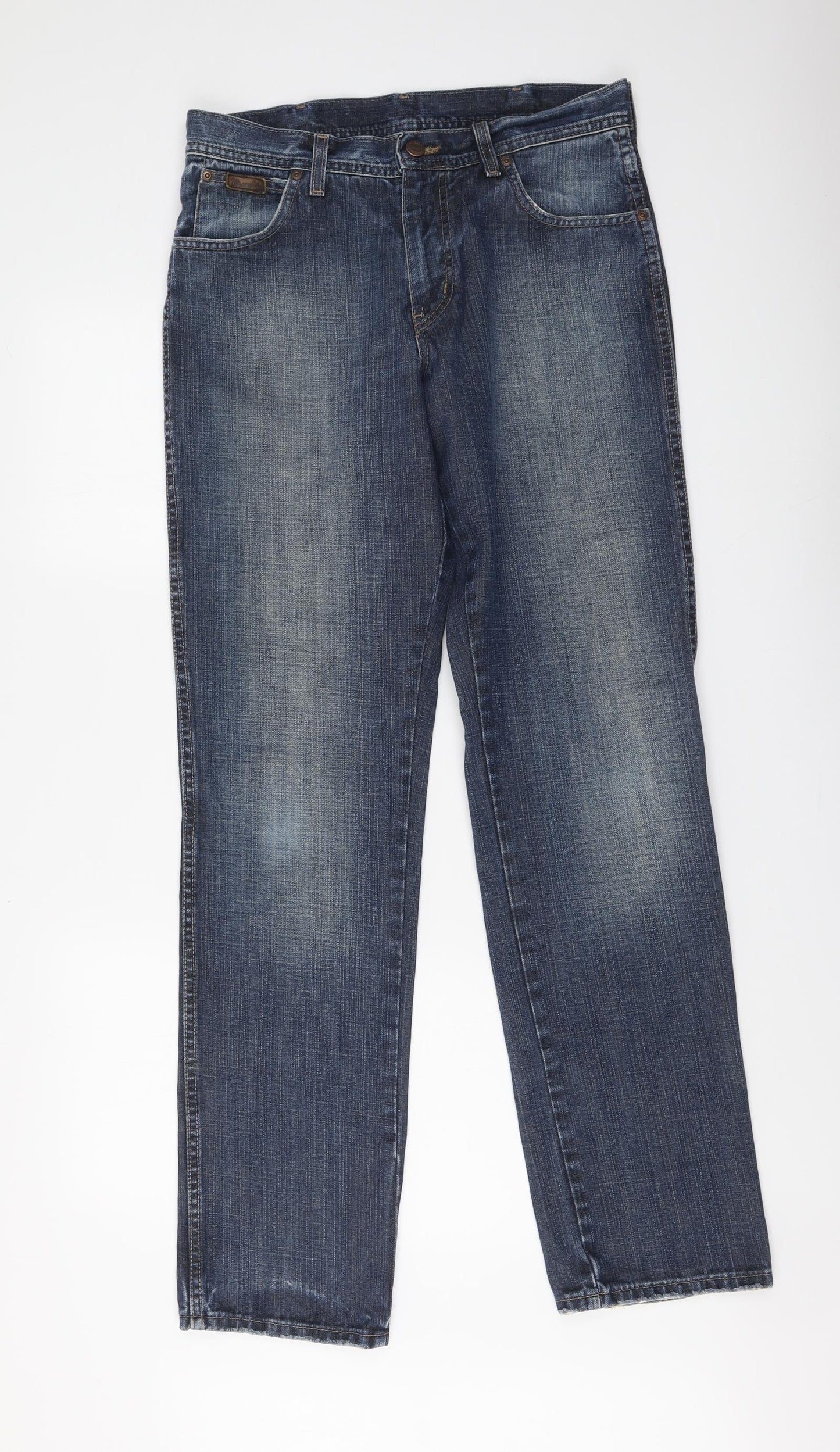 Wrangler Mens Blue Cotton Straight Jeans Size 32 in L34 in Regular Button
