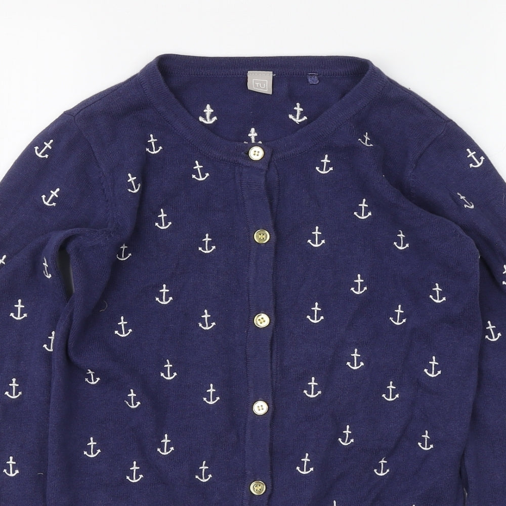 TU Girls Blue Round Neck Geometric Cotton Cardigan Jumper Size 10 Years Button