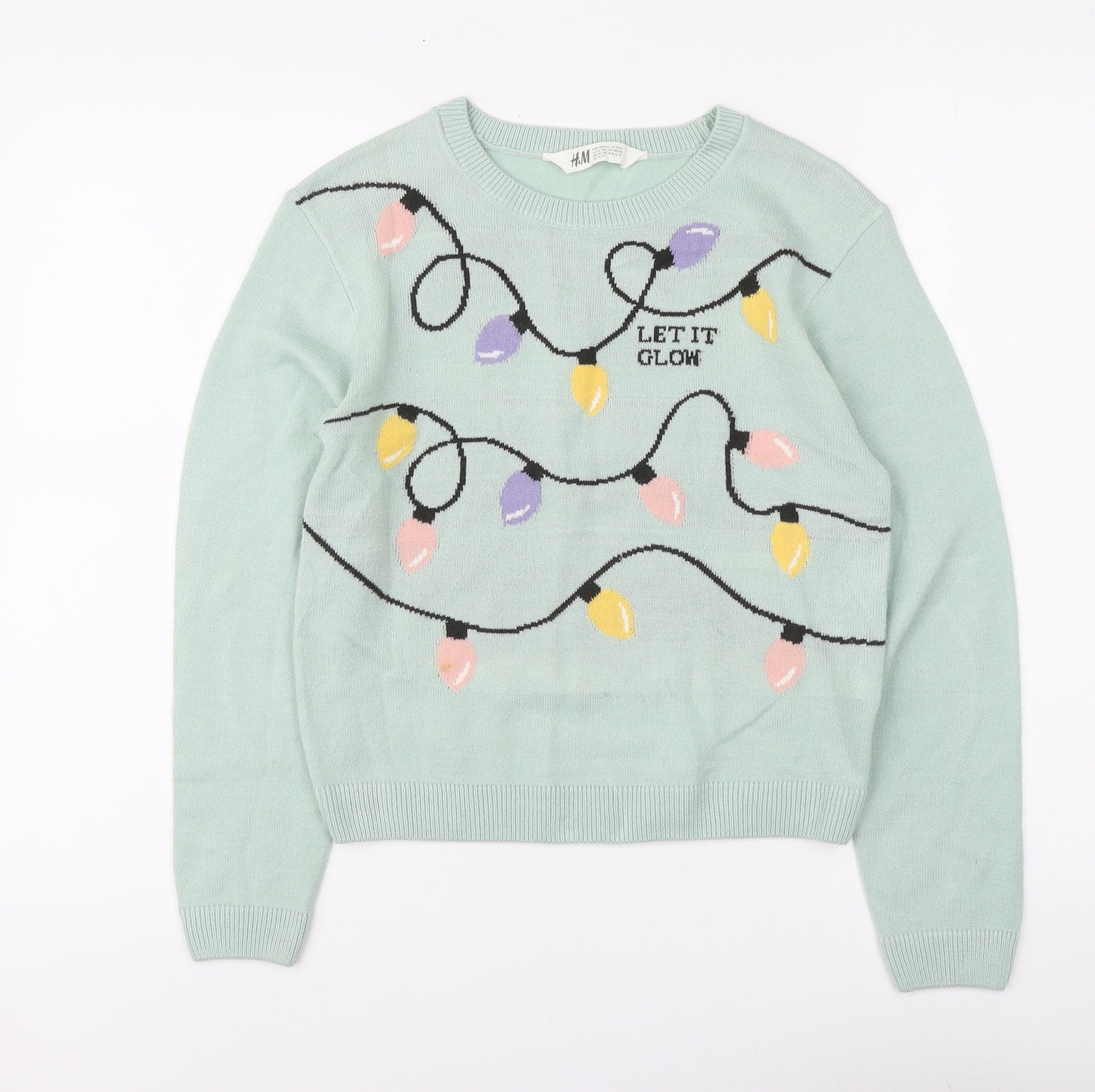 H&M Girls Green Round Neck Acrylic Pullover Jumper Size 10-11 Years Pullover - Christmas jumper