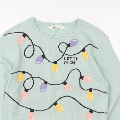 H&M Girls Green Round Neck Acrylic Pullover Jumper Size 10-11 Years Pullover - Christmas jumper
