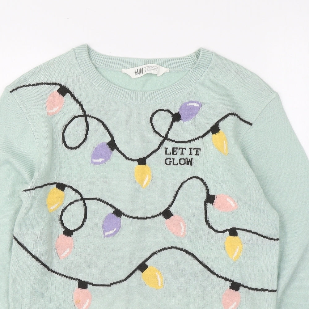 H&M Girls Green Round Neck Acrylic Pullover Jumper Size 10-11 Years Pullover - Christmas jumper