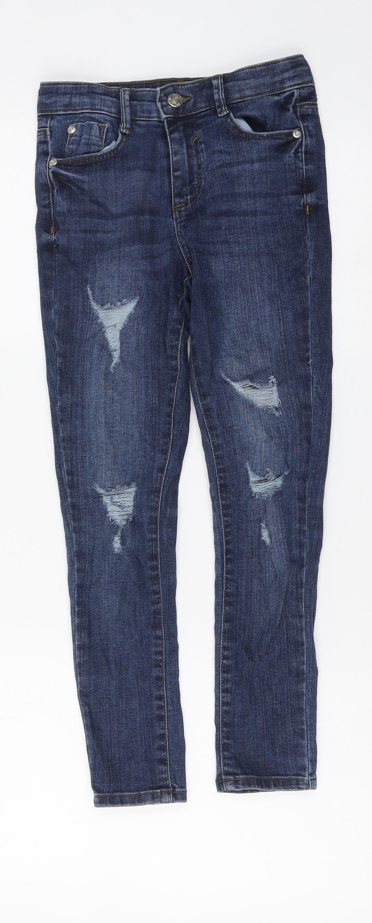 River Island Girls Blue Cotton Skinny Jeans Size 9 Years Regular Button - Distressed