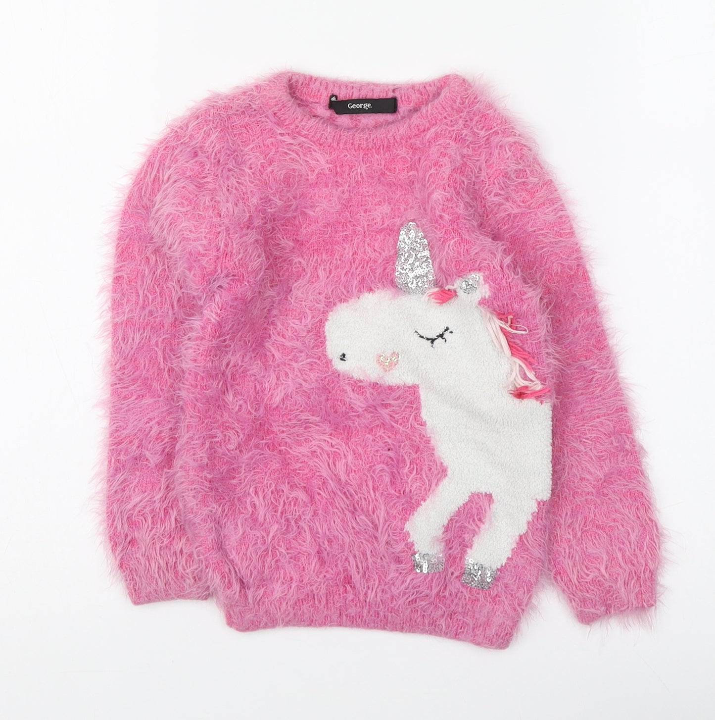 George Girls Pink Round Neck Polyamide Pullover Jumper Size 4-5 Years Pullover - Unicorn