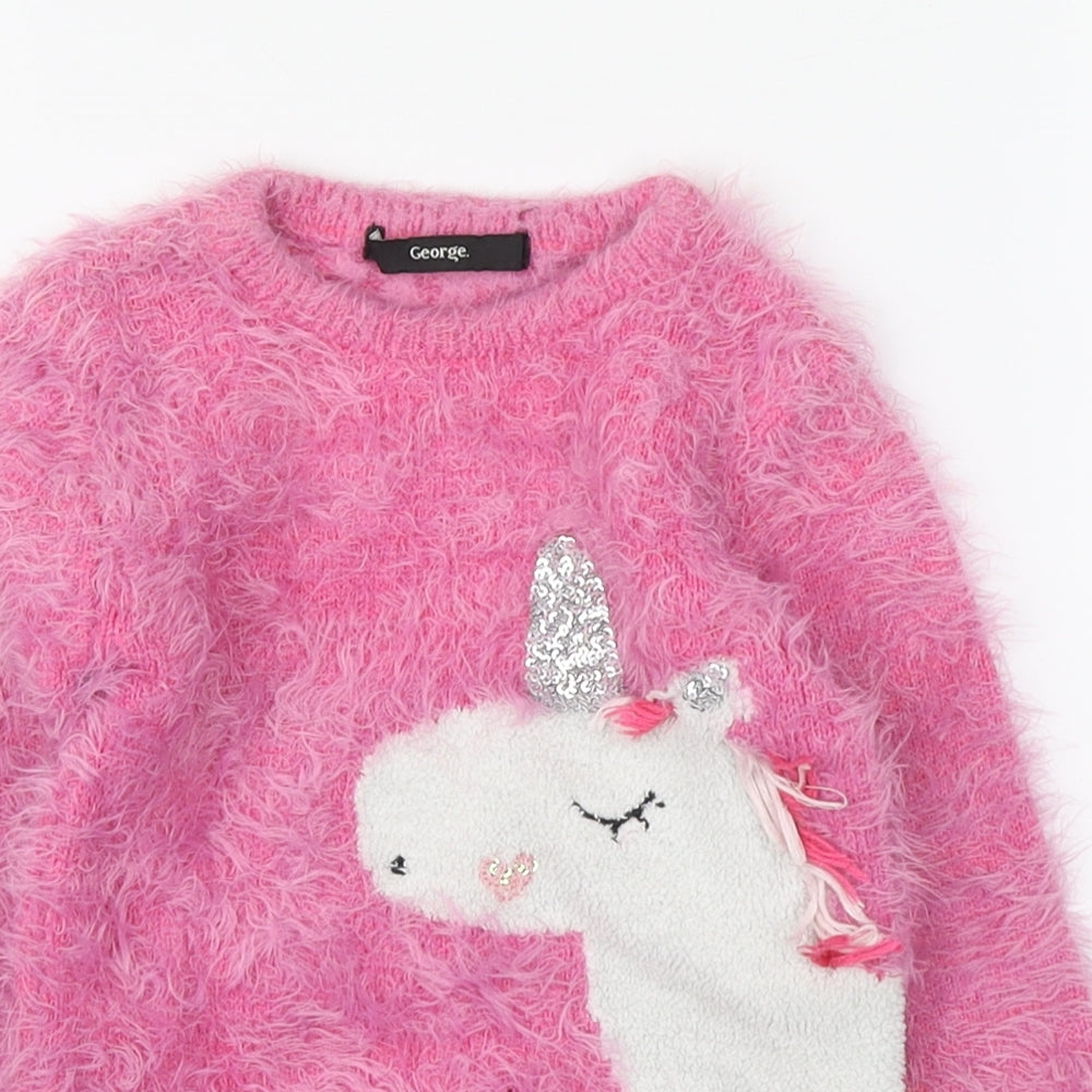 George Girls Pink Round Neck Polyamide Pullover Jumper Size 4-5 Years Pullover - Unicorn