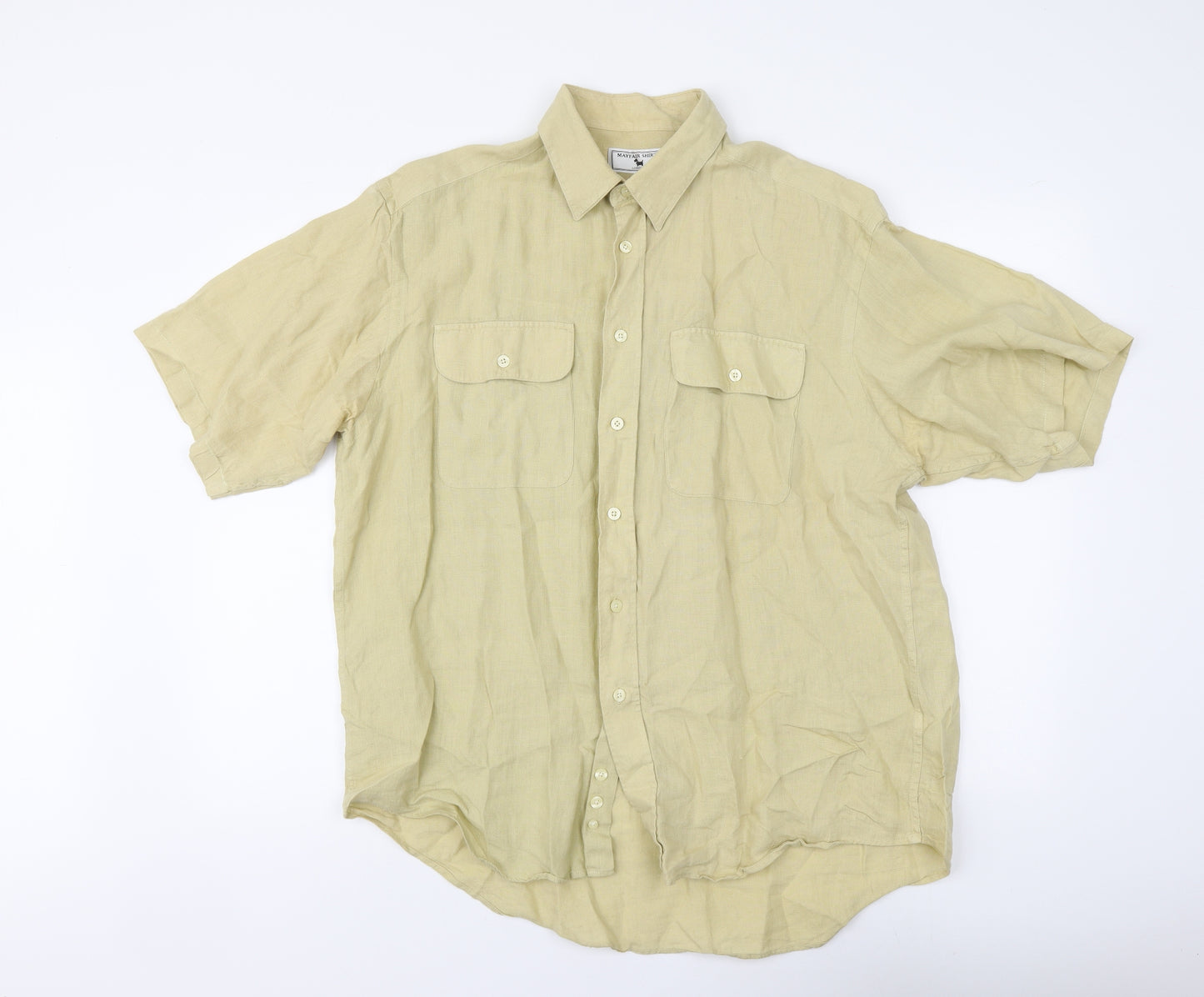 Mayfair Mens Beige Linen Button-Up Size L Collared Button